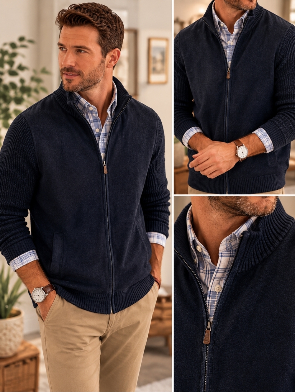 Joseph Abboud Full Zip Sweater Jacket Mens M Navy Grandpa Preppy NWT Wool Blend